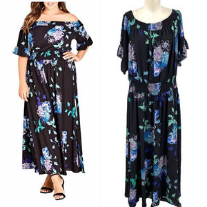 City Chic Suzu Floral Maxi Off the Shoulder Dress Black Plus Size 22‎